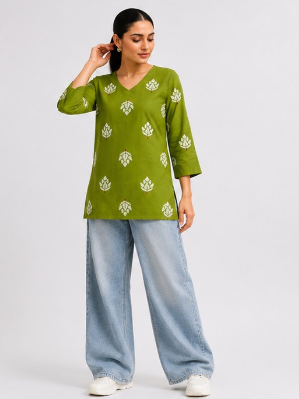 Olive Green Motif Print Cotton Short Kurti - DK-210 - view 2