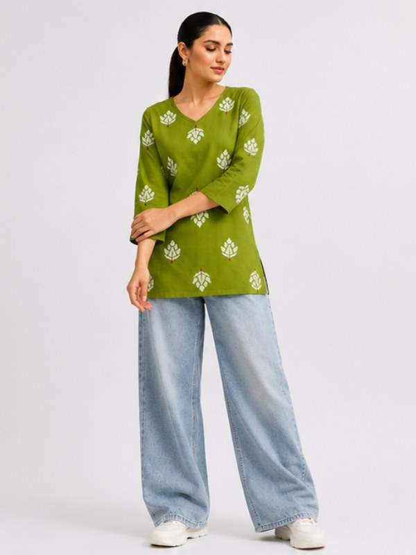 Olive Green Motif Print Cotton Short Kurti - DK-210 - view 3