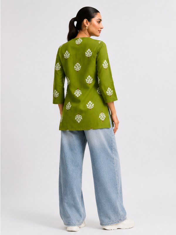 Olive Green Motif Print Cotton Short Kurti - DK-210 - view 4