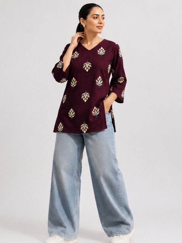 Wine Motif Print Cotton Short Kurti - DK-211 - view 1