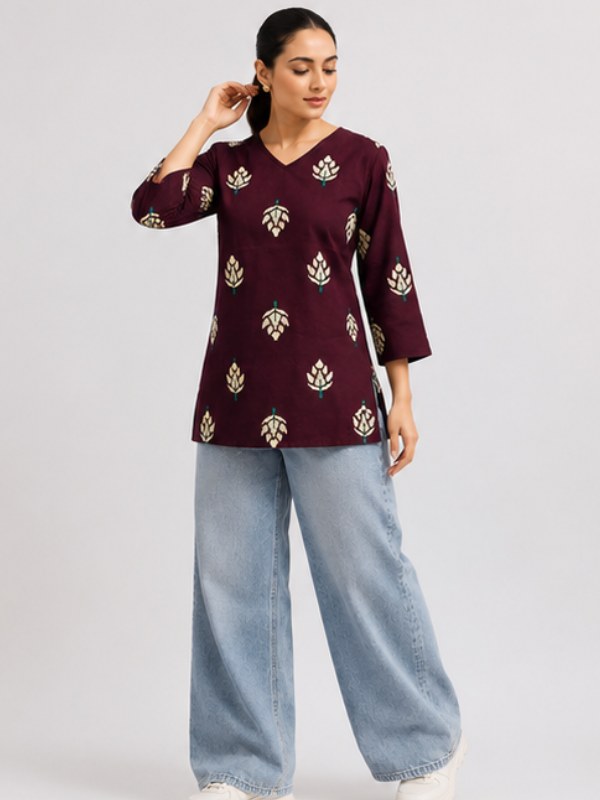 Wine Motif Print Cotton Short Kurti - DK-211 - view 2
