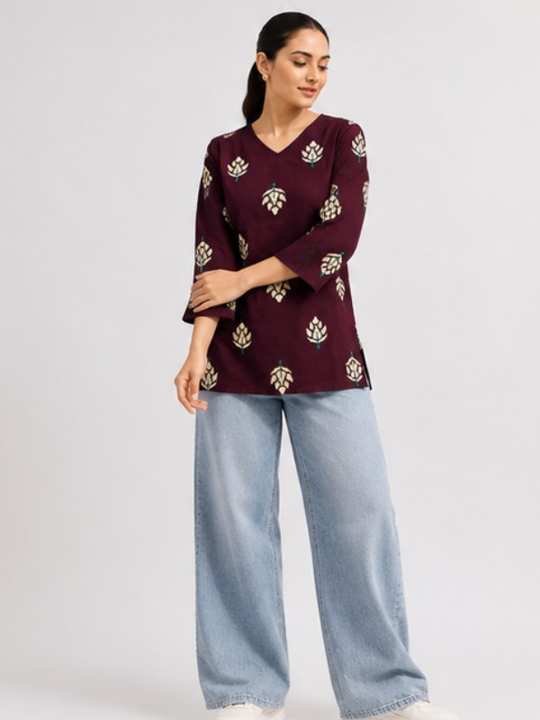 Wine Motif Print Cotton Short Kurti - DK-211 - view 3