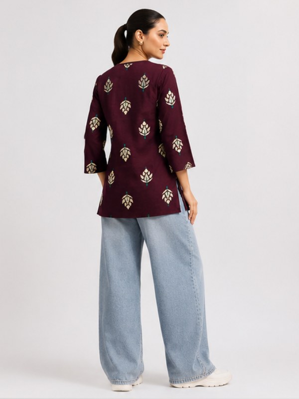 Wine Motif Print Cotton Short Kurti - DK-211 - view 4
