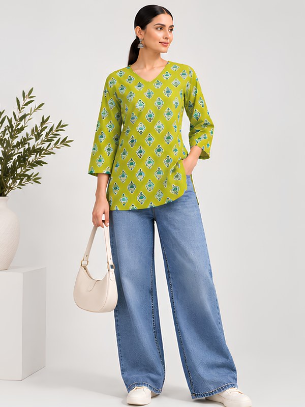 Lime Green Floral Block Print Cotton Short Kurti - DK-212 - view 1