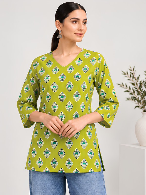 Lime Green Floral Block Print Cotton Short Kurti - DK-212 - view 2
