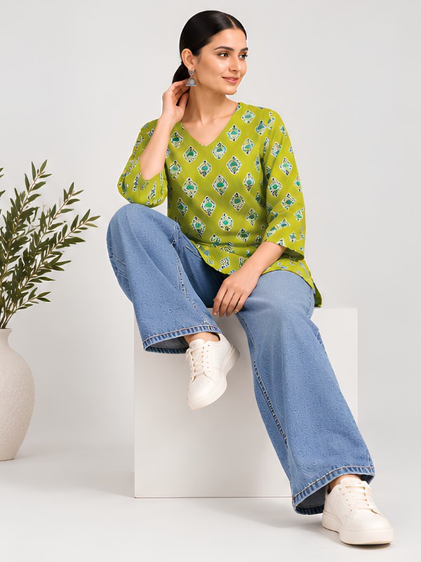 Lime Green Floral Block Print Cotton Short Kurti - DK-212 - view 3
