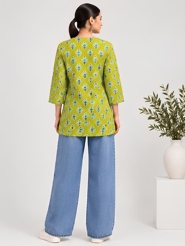 Lime Green Floral Block Print Cotton Short Kurti - DK-212 - view 4