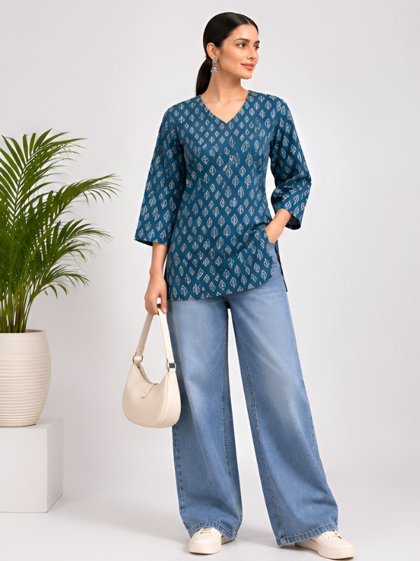 Teal Blue Leaf Print Cotton Short Kurti - DK-213 - view 1