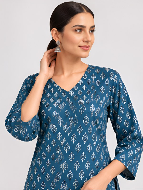 Teal Blue Leaf Print Cotton Short Kurti - DK-213 - view 2