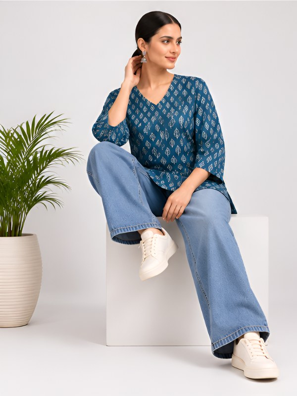 Teal Blue Leaf Print Cotton Short Kurti - DK-213 - view 3