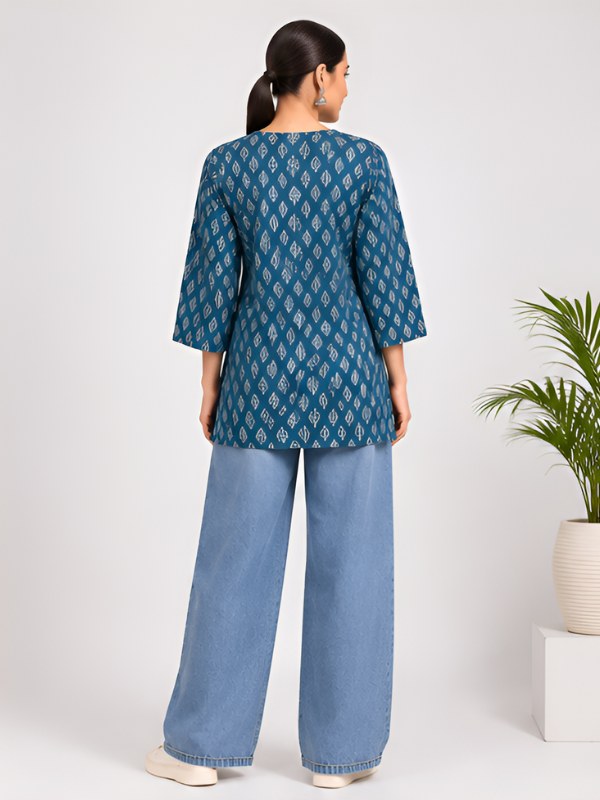 Teal Blue Leaf Print Cotton Short Kurti - DK-213 - view 4