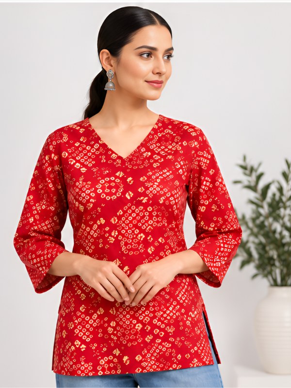Red Bandhani Print Cotton Short Kurti - DK-214 - view 2
