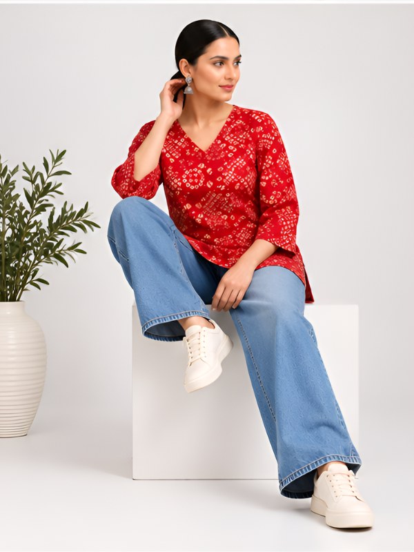 Red Bandhani Print Cotton Short Kurti - DK-214 - view 3