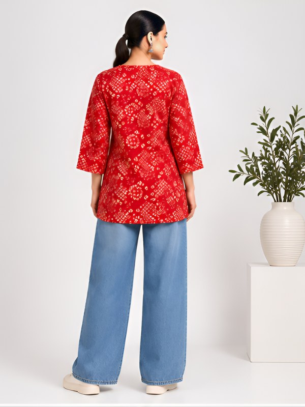 Red Bandhani Print Cotton Short Kurti - DK-214 - view 4