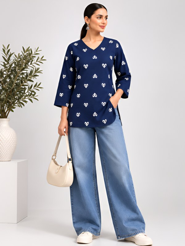 Navy Blue Heart Print Cotton Short Kurti - DK-215 - view 1
