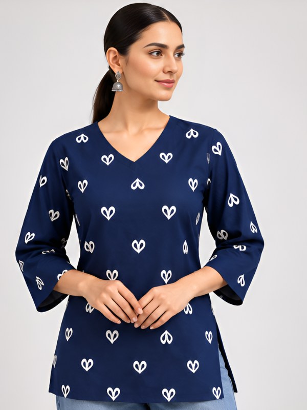 Navy Blue Heart Print Cotton Short Kurti - DK-215 - view 2