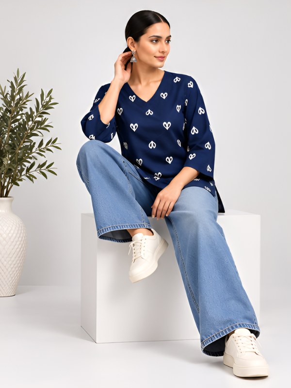 Navy Blue Heart Print Cotton Short Kurti - DK-215 - view 3