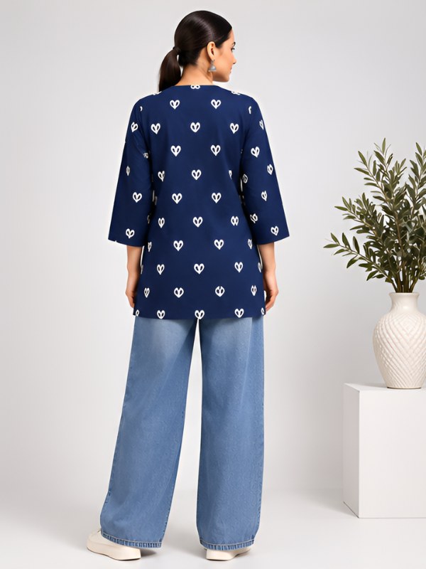 Navy Blue Heart Print Cotton Short Kurti - DK-215 - view 4