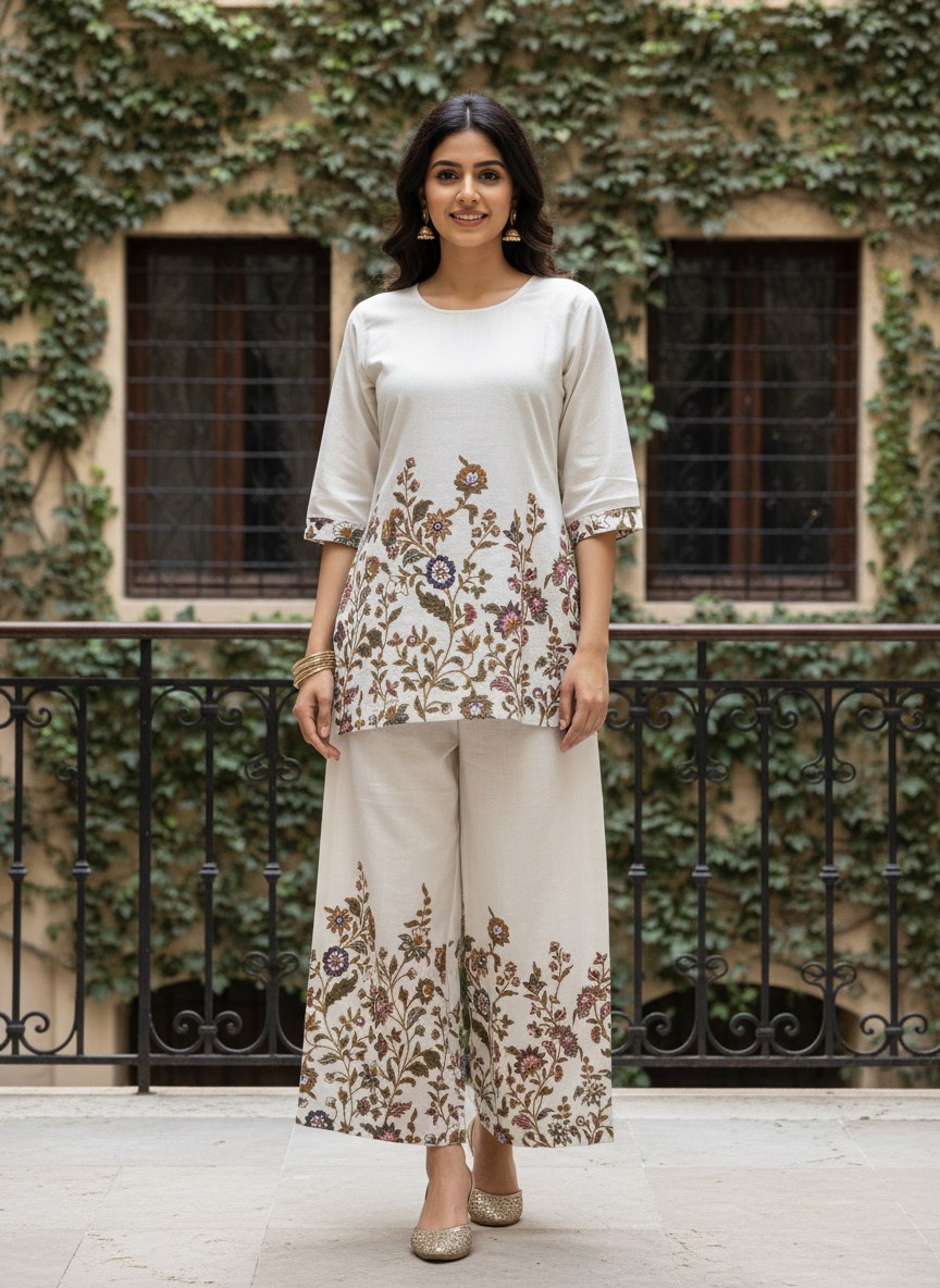 Ivory Floral Table Print Khadi Cotton Co-ord Set - DC-101 - view 2
