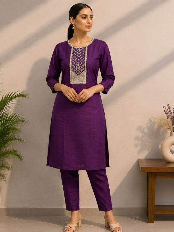 Purple Silk Blend Co-ord Set with Cording Embroidery - DC-114 - view 2