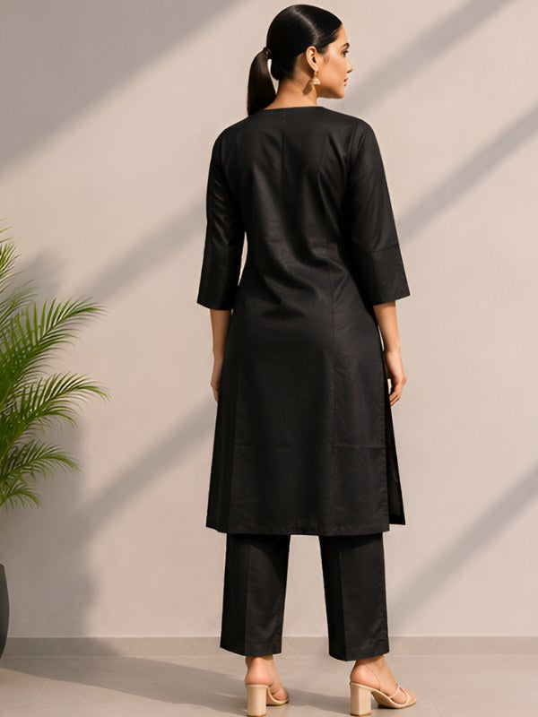 Black Silk Blend Co-ord Set with Gold Cording Embroidery - DC-116 - view 4