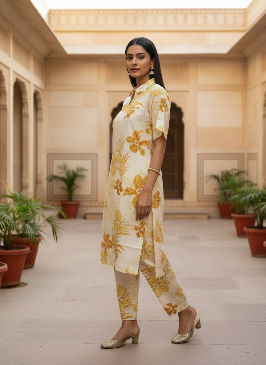 Cream & Mustard Tropical Print Co-ord Set - DC-104 - view 3