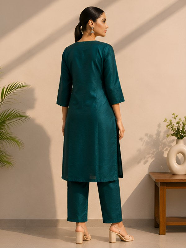 Teal Green Silk Blend Co-ord Set with Cording Embroidery - DC-115 - view 4