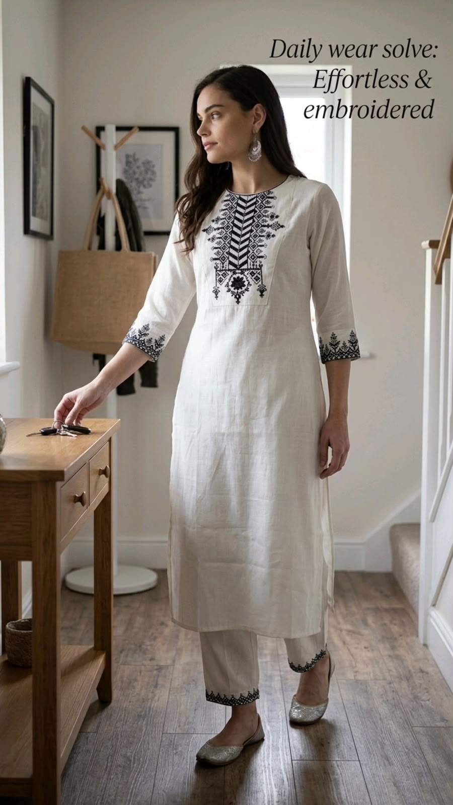 White Khadi Cotton Co-ord Set with Black Embroidery - DC-106 - view 6