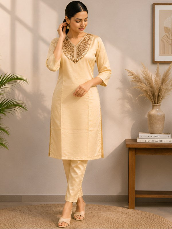 Golden Beige Silk Blend Co-ord Set with Cording Embroidery - DC-113 - view 3