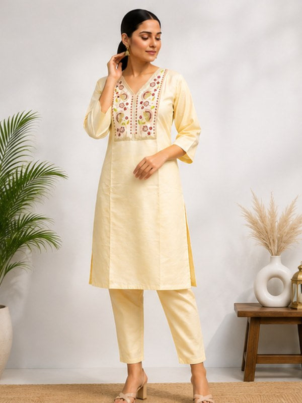Lemon Yellow Silk Blend Co-ord Set with Floral Embroidery - DC-117 - view 3