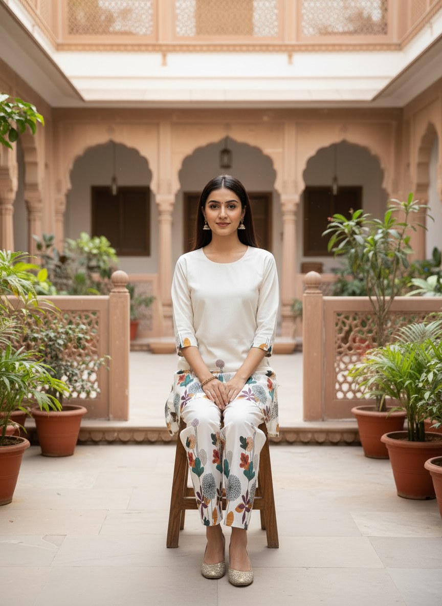 Ivory Botanical Print Khadi Cotton Co-ord Set - DC-103 - view 5