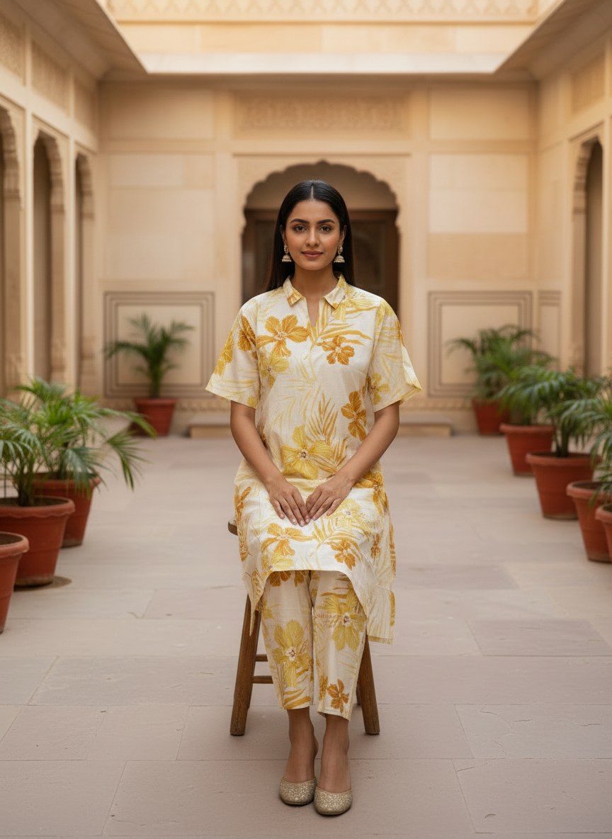 Cream & Mustard Tropical Print Co-ord Set - DC-104 - view 4