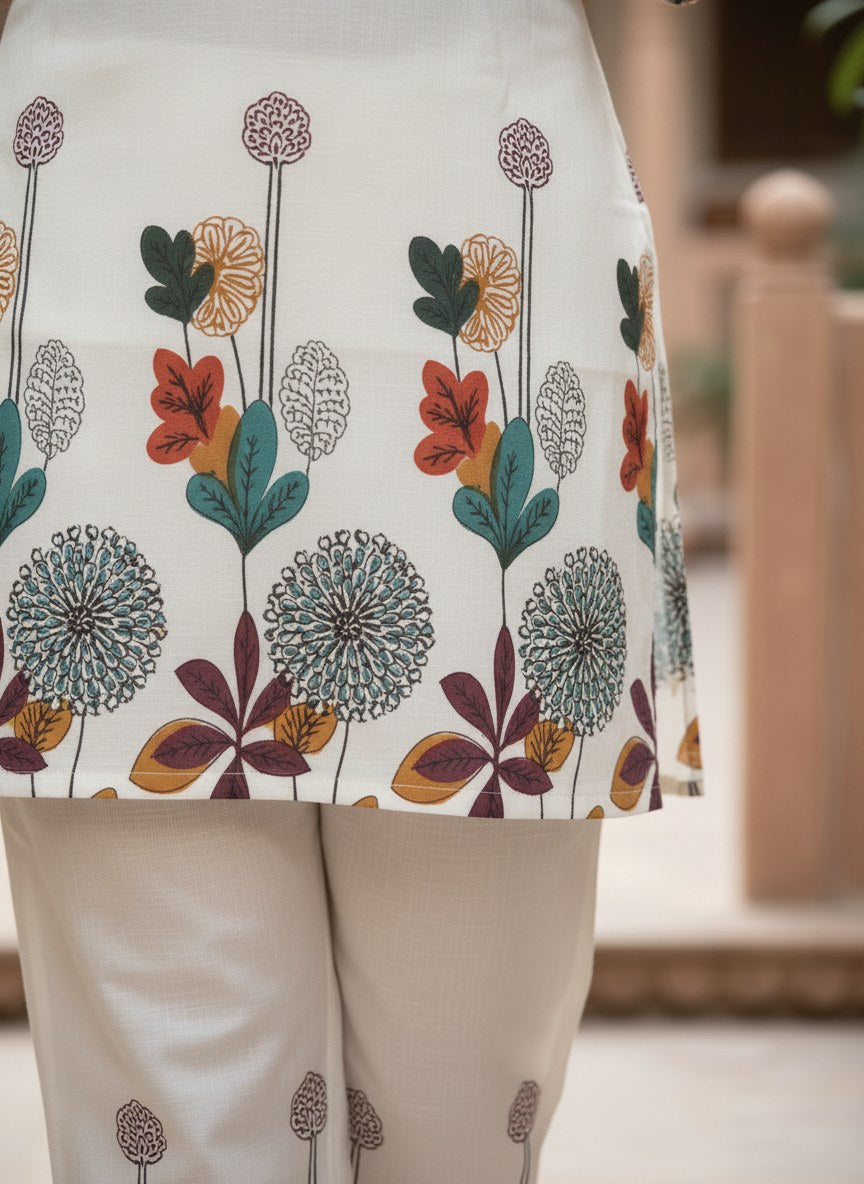 Ivory Botanical Print Khadi Cotton Co-ord Set - DC-103 - view 6