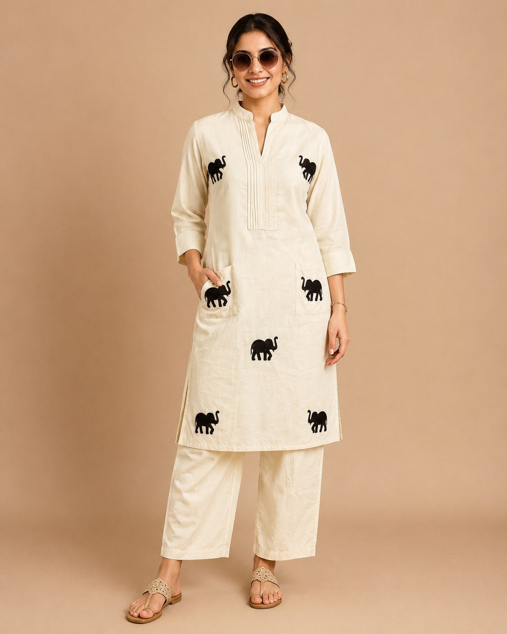 Off-White Elephant Embroidered Khadi Cotton Co-ord Set - DC-109 - view 1