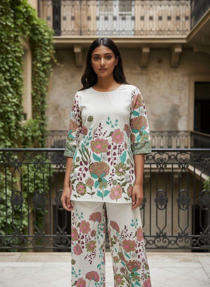 Ivory Multicolour Floral Print Khadi Cotton Co-ord Set - DC-102 - view 3