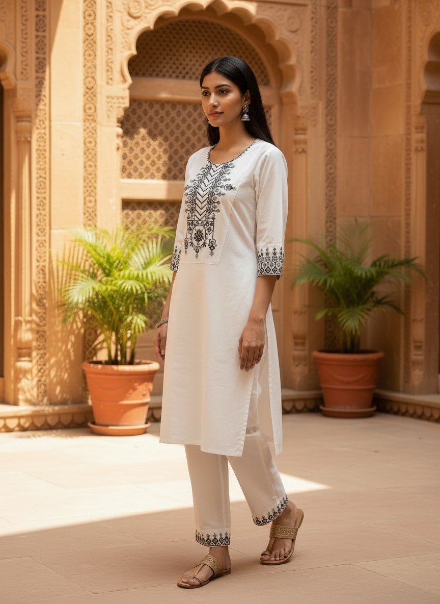 White Khadi Cotton Co-ord Set with Black Embroidery - DC-106 - view 2