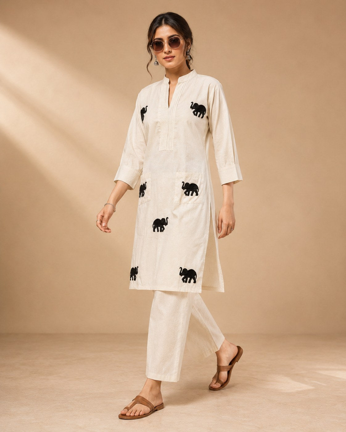 Off-White Elephant Embroidered Khadi Cotton Co-ord Set - DC-109 - view 3