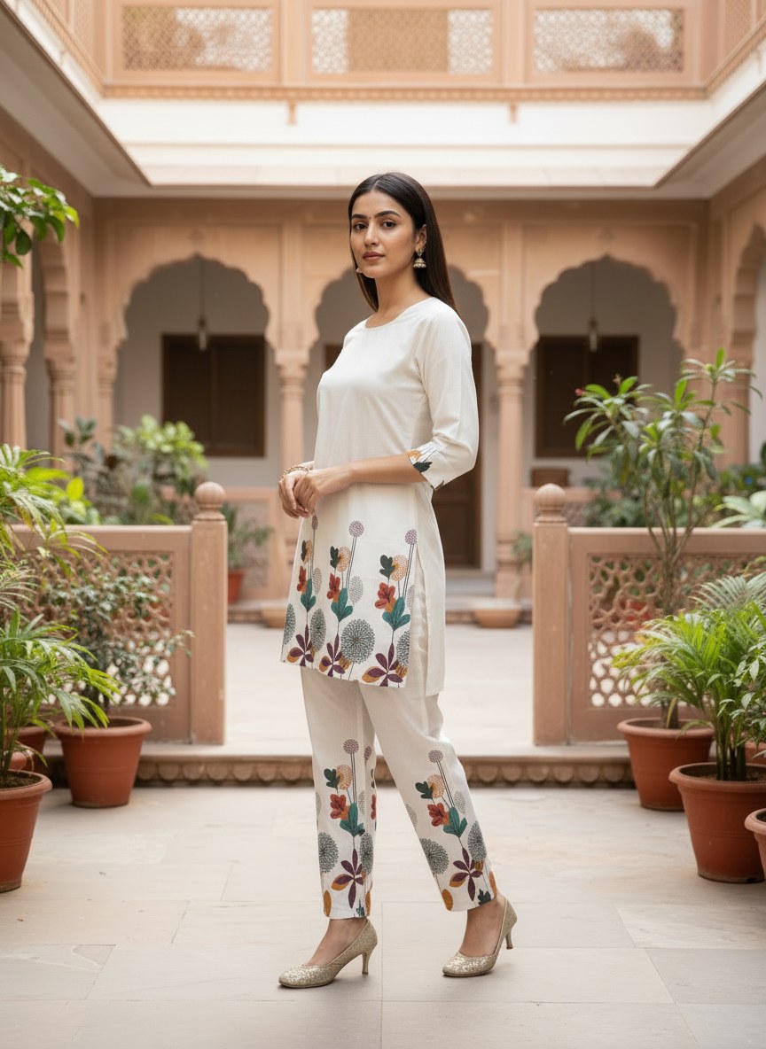 Ivory Botanical Print Khadi Cotton Co-ord Set - DC-103 - view 4