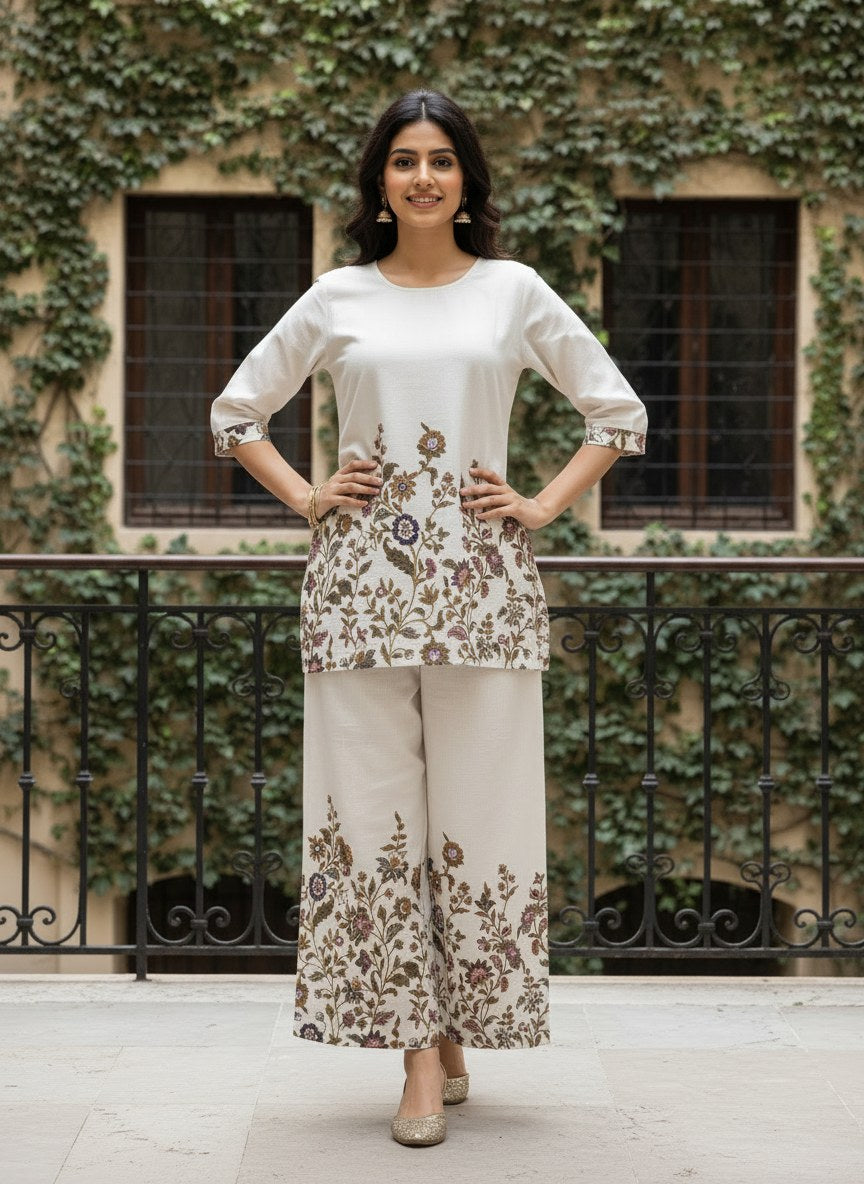 Ivory Floral Table Print Khadi Cotton Co-ord Set - DC-101 - view 1