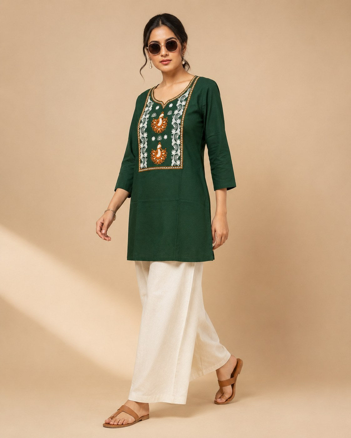 Bottle Green Embroidered Short Kurti & Palazzo Co-ord Set - DC-107 - view 2