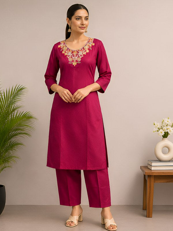 Rani Pink Silk Blend Co-ord Set with Cording Embroidery - DC-112 - view 2
