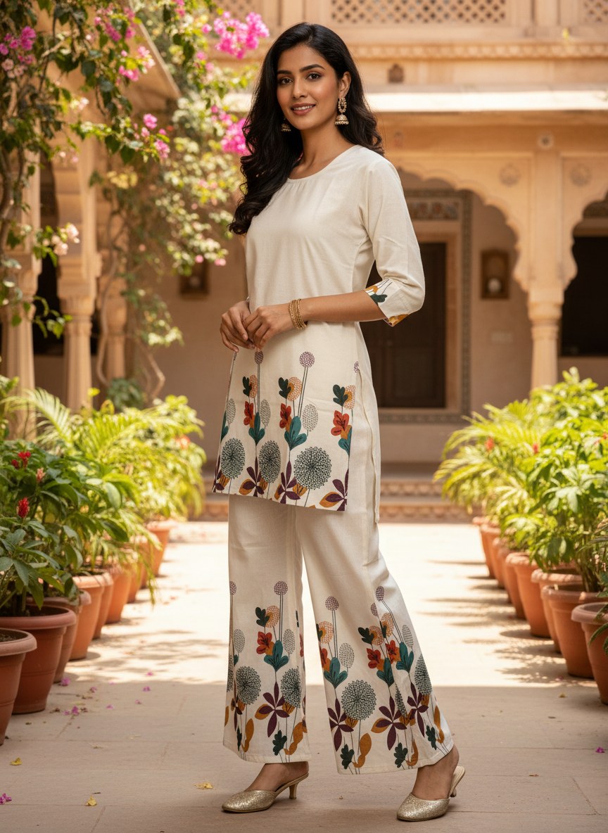 Ivory Botanical Print Khadi Cotton Co-ord Set - DC-103 - view 2