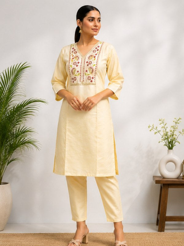Lemon Yellow Silk Blend Co-ord Set with Floral Embroidery - DC-117 - view 2