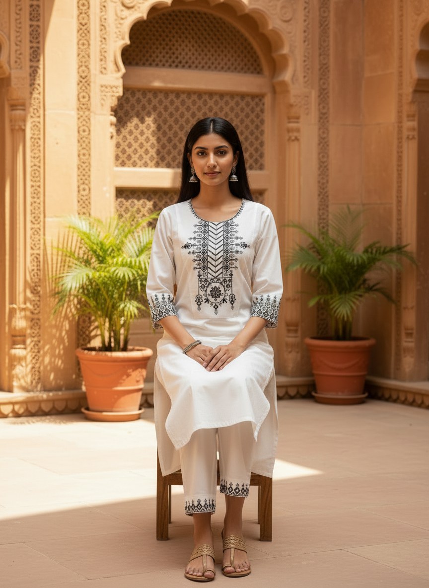 White Khadi Cotton Co-ord Set with Black Embroidery - DC-106 - view 4