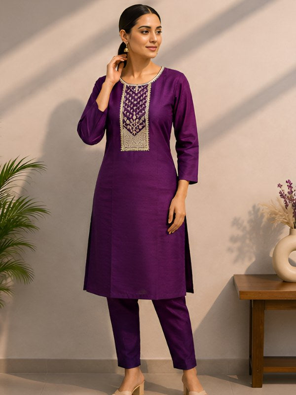 Purple Silk Blend Co-ord Set with Cording Embroidery - DC-114 - view 1
