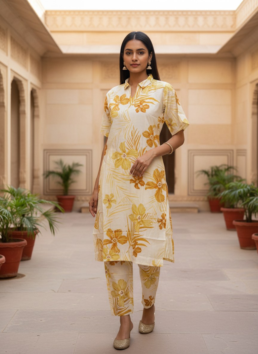 Cream & Mustard Tropical Print Co-ord Set - DC-104 - view 2