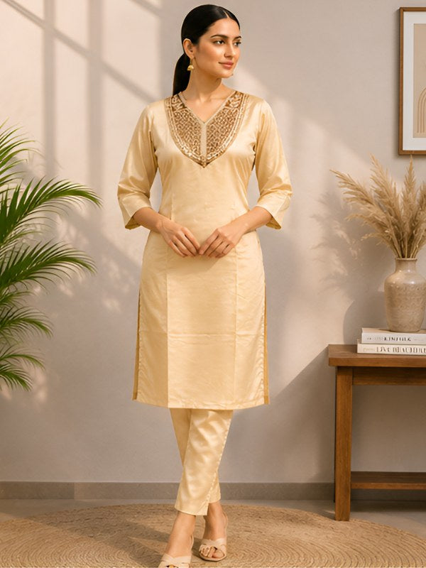 Golden Beige Silk Blend Co-ord Set with Cording Embroidery - DC-113 - view 1