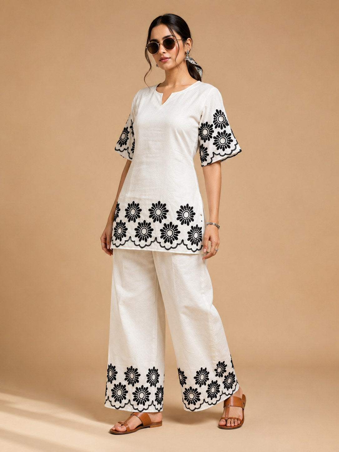 Off-White Cutwork Embroidered Khadi Cotton Co-ord Set - DC-108 - view 2