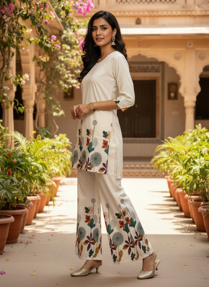 Ivory Botanical Print Khadi Cotton Co-ord Set - DC-103 - view 3