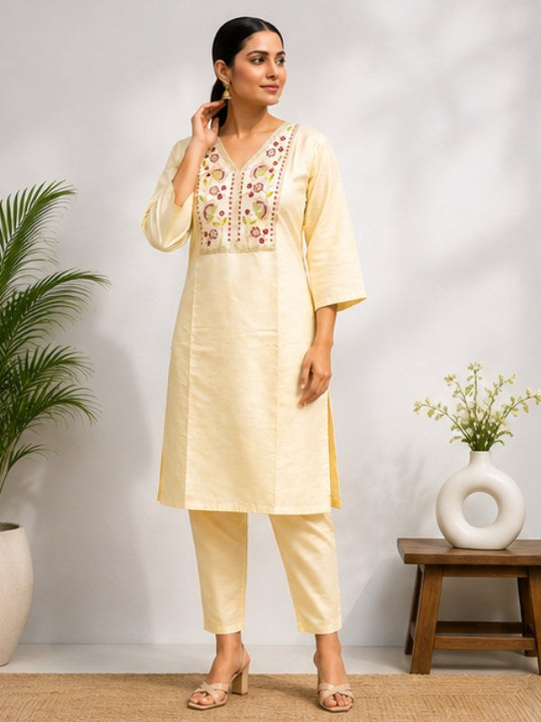 Lemon Yellow Silk Blend Co-ord Set with Floral Embroidery - DC-117 - view 1